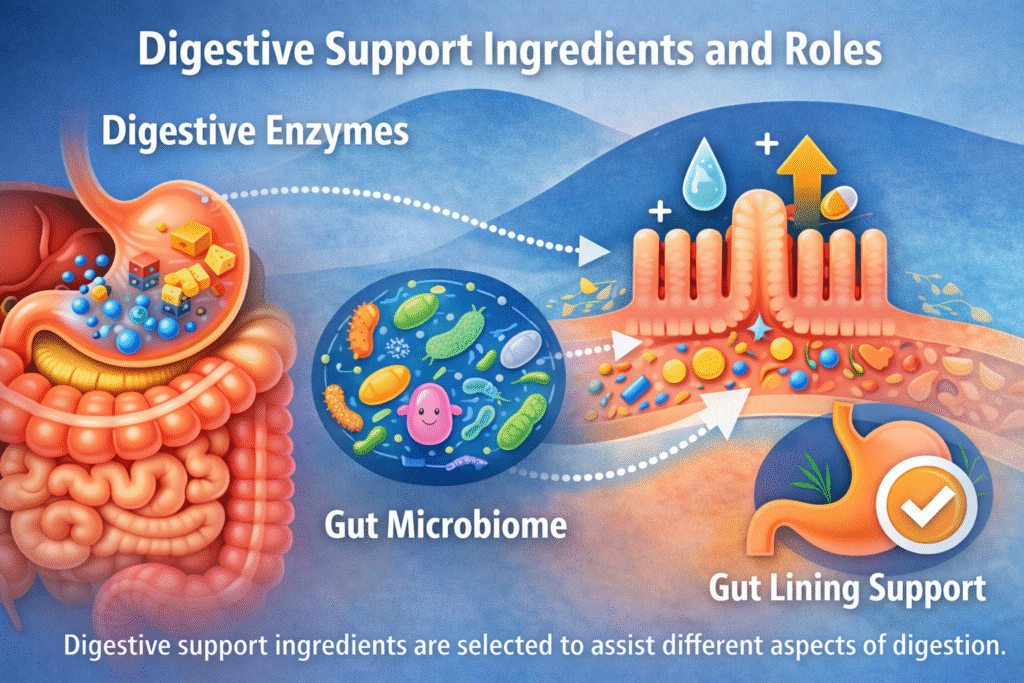 Illustration of digestive enzymes and gut microbiome supporting digestion