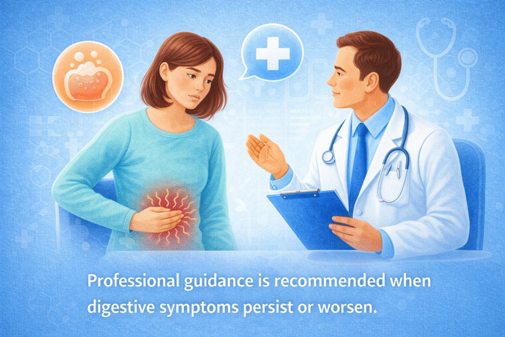 Illustration showing a person consulting a healthcare professional about digestive health