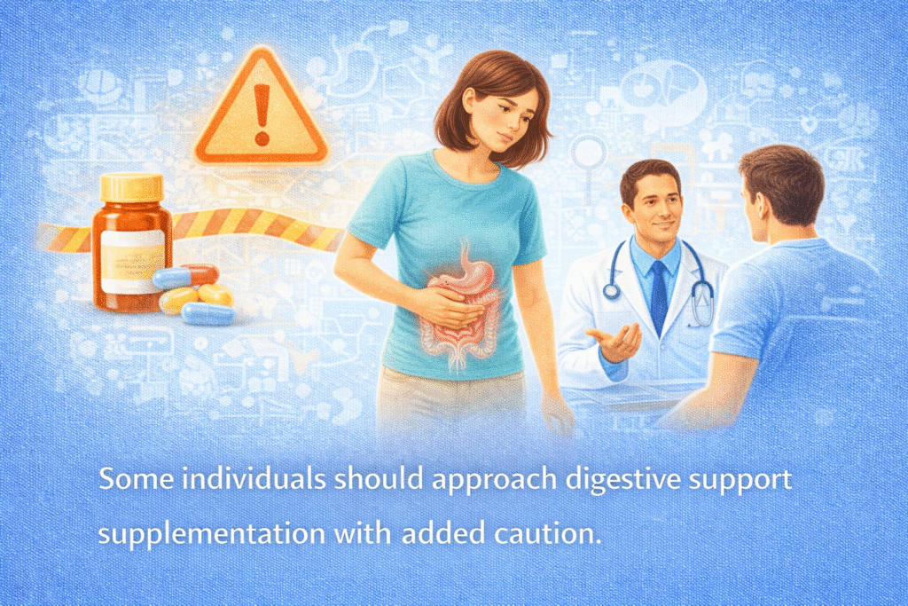 Illustration emphasizing caution and professional guidance for digestive support use