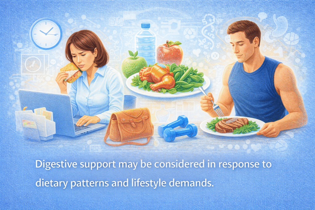 Illustration showing lifestyle and dietary factors influencing digestive support consideration