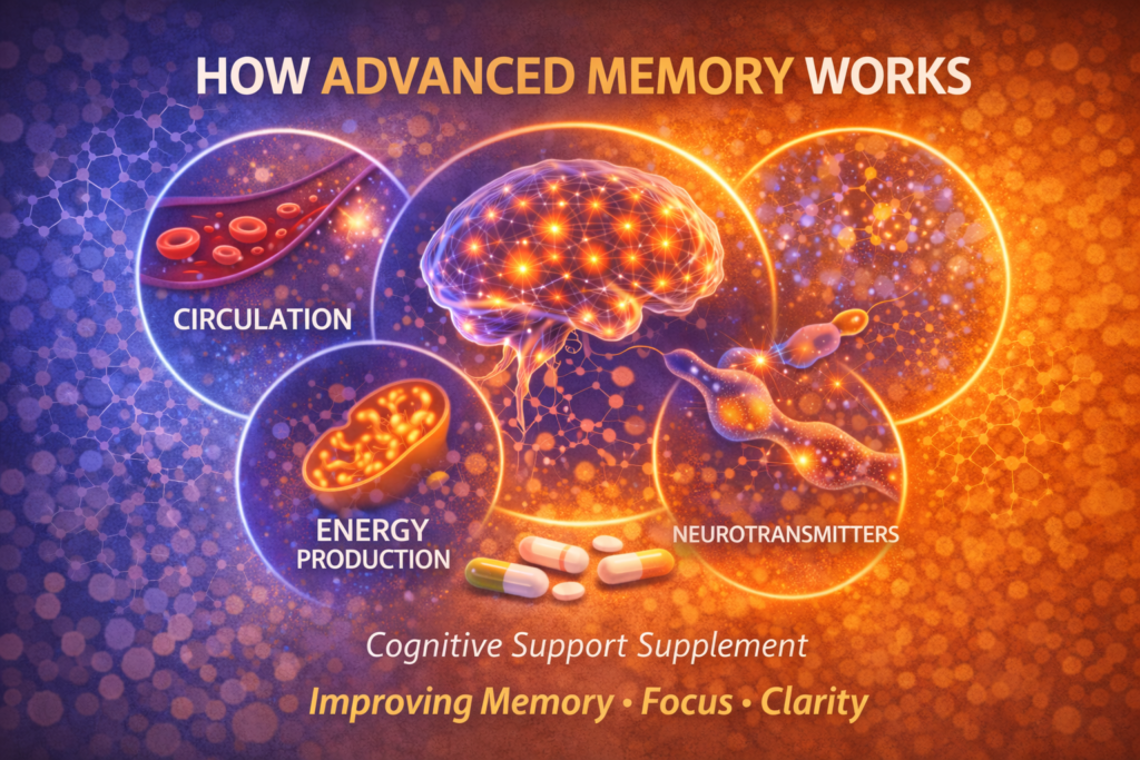 An infographic showcasing how Advanced Memory supports key cognitive mechanisms such as circulation, cellular energy production, and neurotransmitter communication.