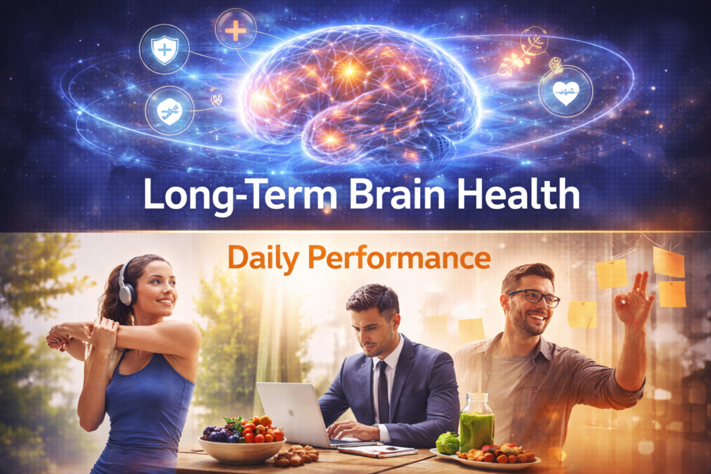 Infographic illustrating long-term brain health and daily performance, showing wellness symbols and active individuals maintaining cognitive function.