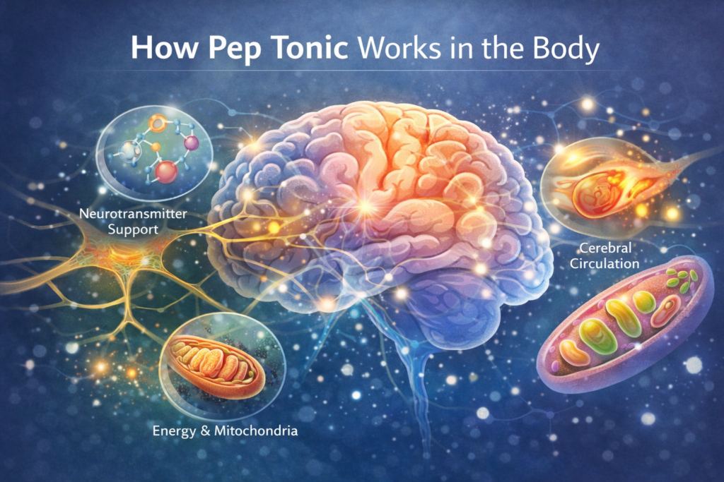 Conceptual illustration showing nutritional support for brain communication, energy metabolism, and cerebral circulation