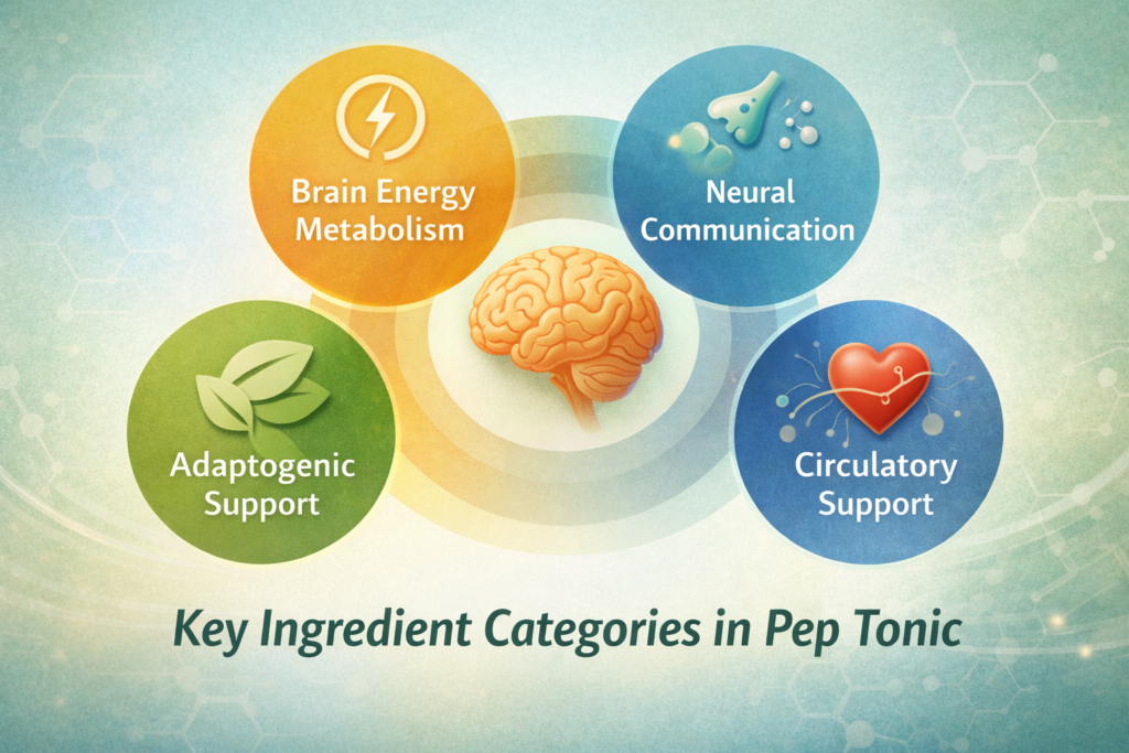 Illustration showing ingredient categories used in Pep Tonic, including nutritional support for brain energy, neural communication, circulation, and adaptation