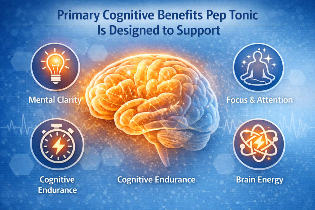 Illustration showing the primary cognitive benefits Pep Tonic is designed to support, including mental clarity, focus, cognitive endurance, and brain energy