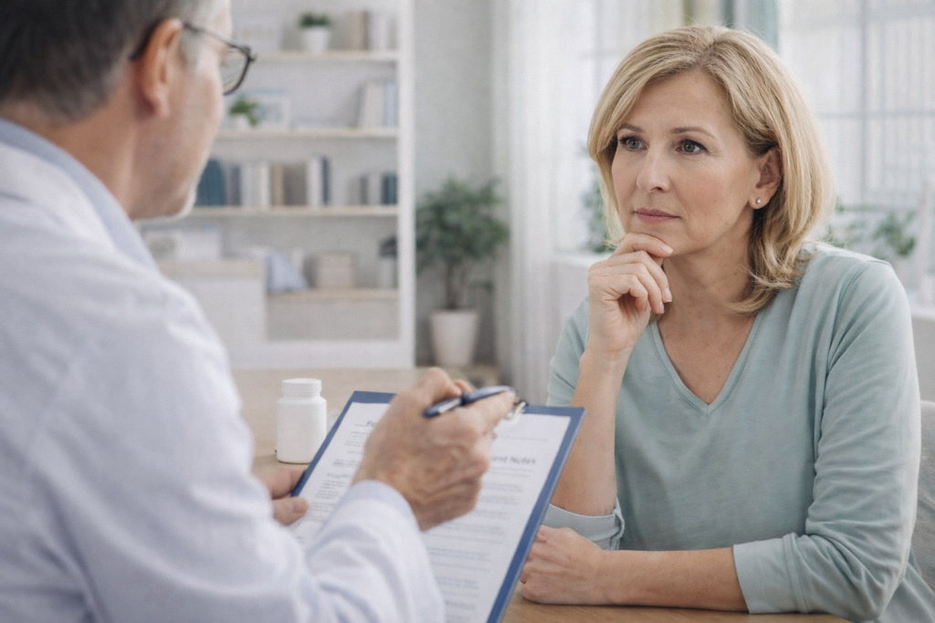 Adult considering dietary supplement use with professional guidance and caution