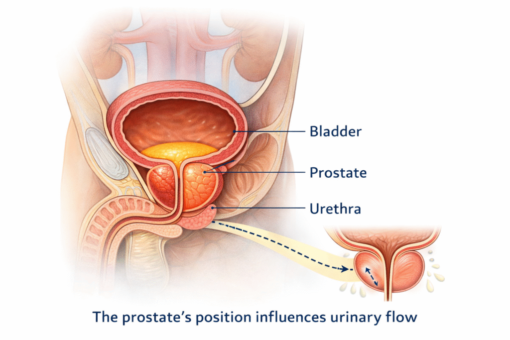 Diagram showing prostate location and urinary tract interaction