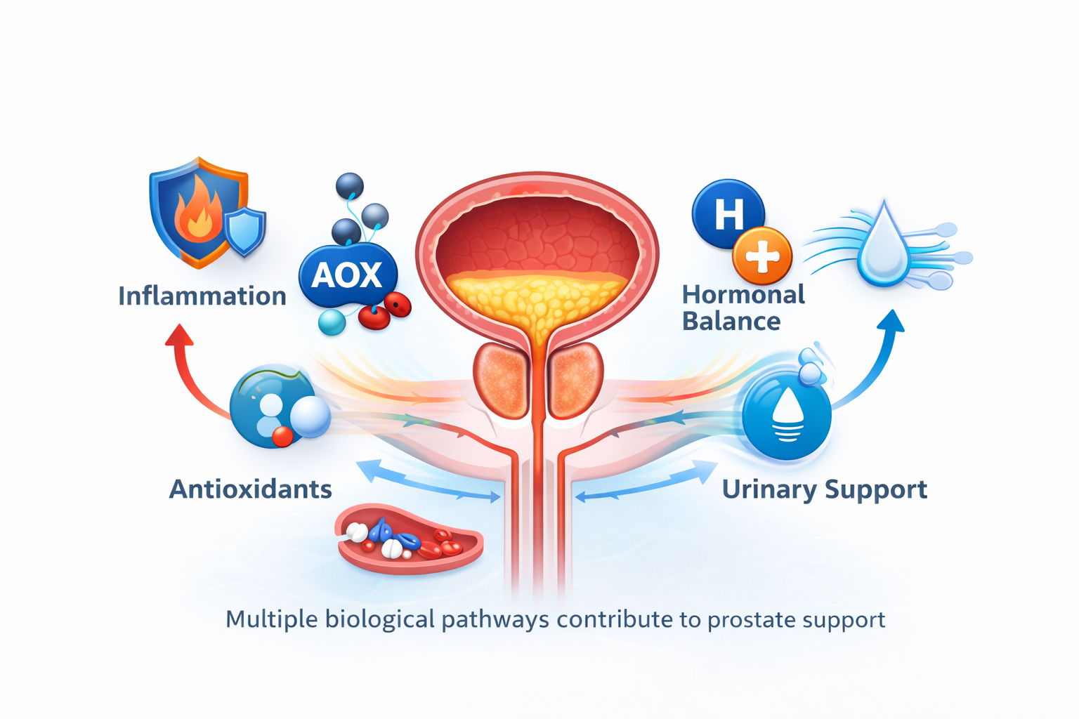 Visual representation of inflammatory, antioxidant, hormonal, and urinary pathways