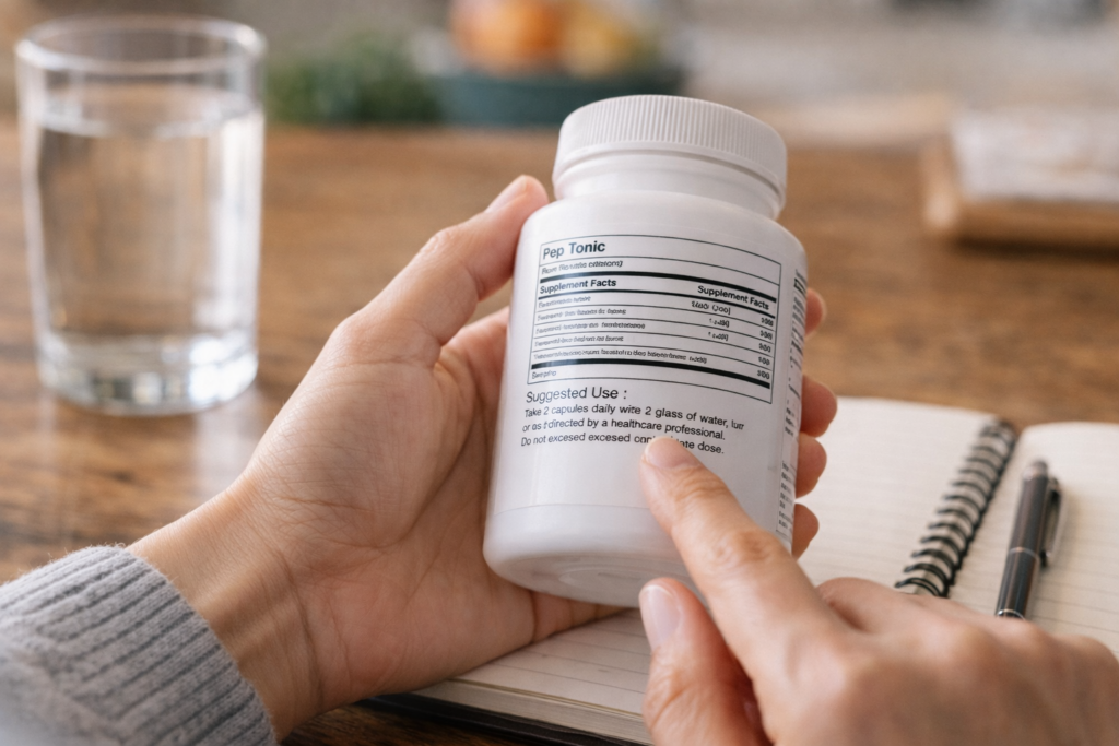 Close-up of hands reviewing dietary supplement label instructions as part of responsible daily use