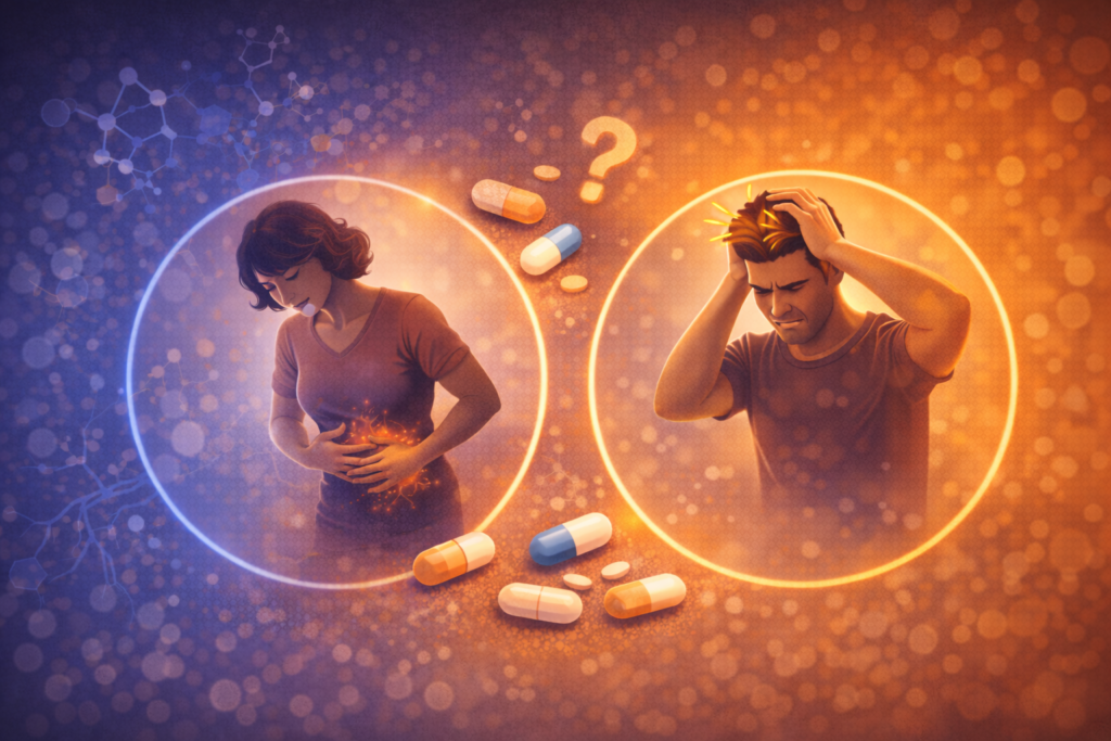 An illustration showing mild and temporary reactions, such as digestive discomfort and mild headaches, that can occur with cognitive support supplements like Advanced Memory.