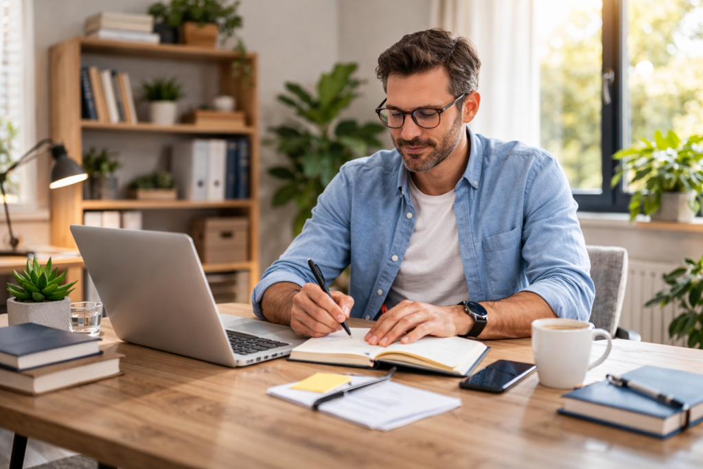 Adult working in a focused environment representing individuals interested in supporting cognitive performance and mental clarity