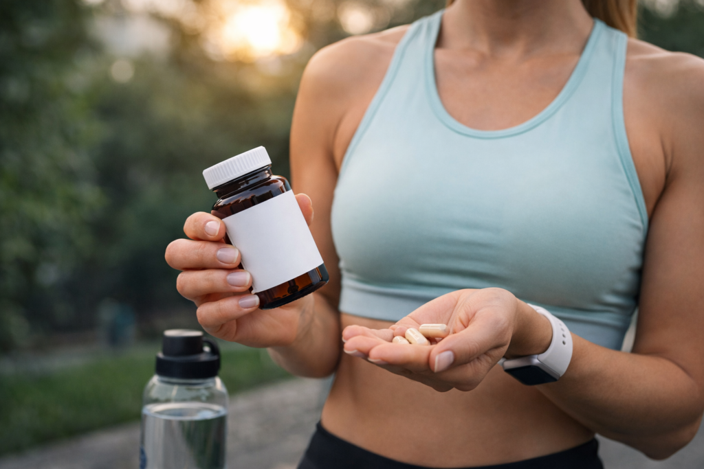Active woman holding amino acid supplement capsules after workout representing individuals who may explore dietary supplements as part of a healthy lifestyle