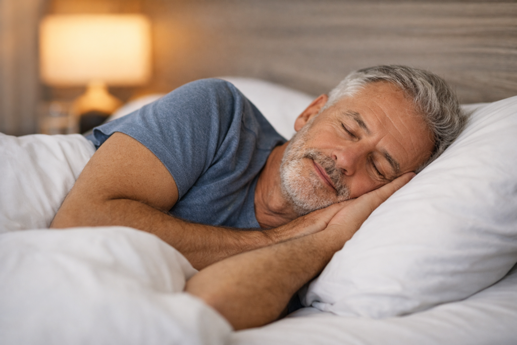 man sleeping peacefully representing improved urinary comfort and better sleep quality