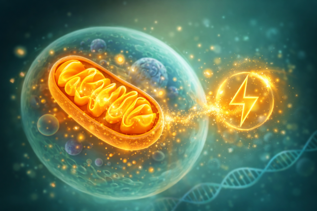 Cellular energy metabolism illustration showing mitochondria function and energy production within human cells