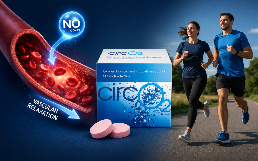 CircO2 benefits illustration showing improved circulation nitric oxide activity and blood flow support