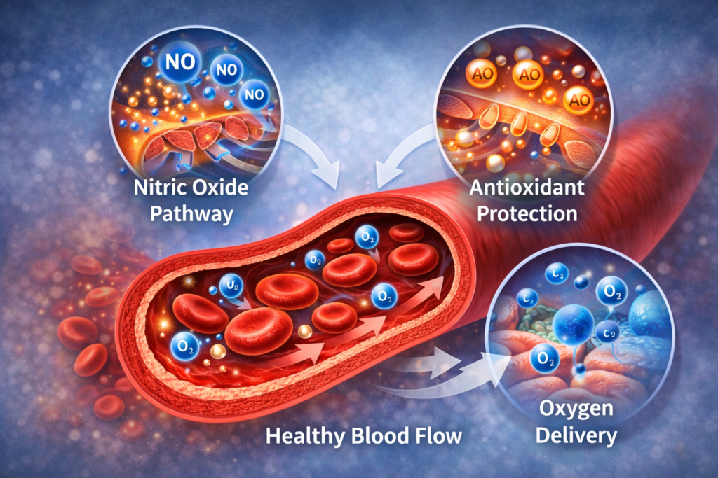 Medical illustration showing nitric oxide pathways, antioxidant protection, and oxygen delivery supporting healthy blood circulation