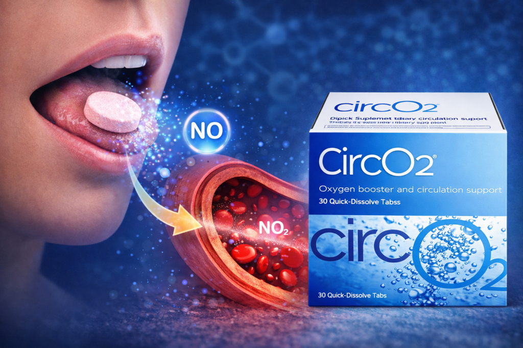 CircO2 lozenge dissolving in mouth supporting nitric oxide production and circulation