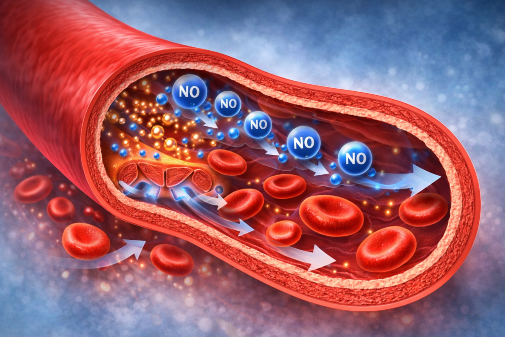Medical illustration showing nitric oxide causing blood vessel relaxation and improved blood circulation