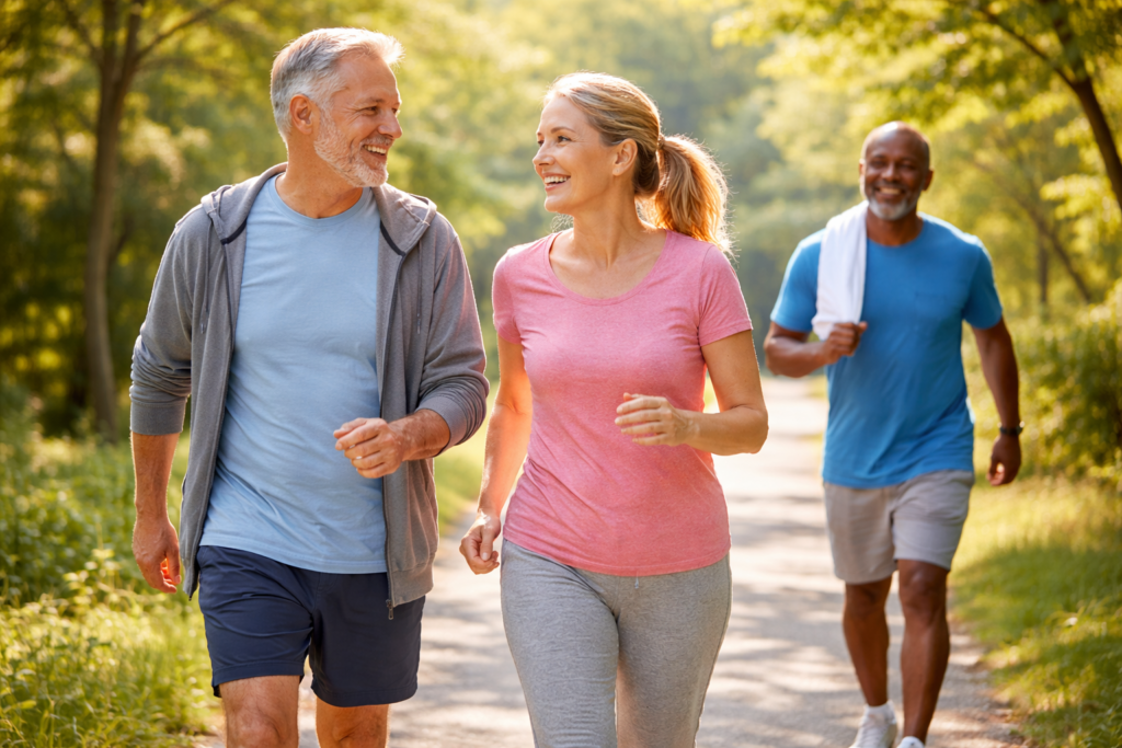Active adults walking outdoors representing healthy circulation and cardiovascular wellness