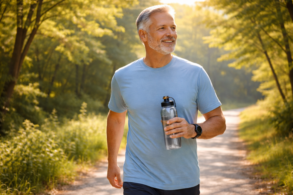 Active adult walking outdoors representing healthy habits that support blood circulation and cardiovascular wellness