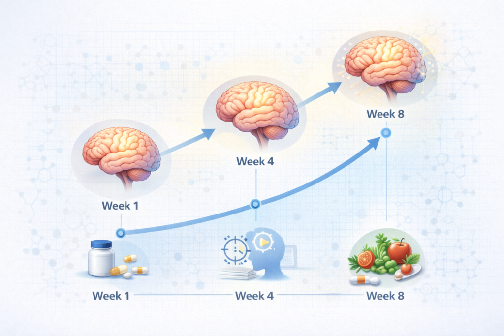 educational infographic showing the gradual timeline of cognitive support supplement results including improved focus mental clarity and brain performance over time