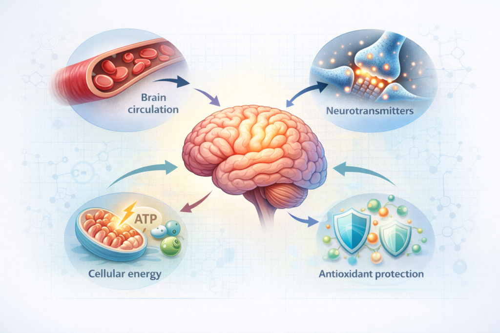 educational infographic illustrating biological mechanisms involved in cognitive support supplements including brain circulation neurotransmitters antioxidant protection and cellular energy