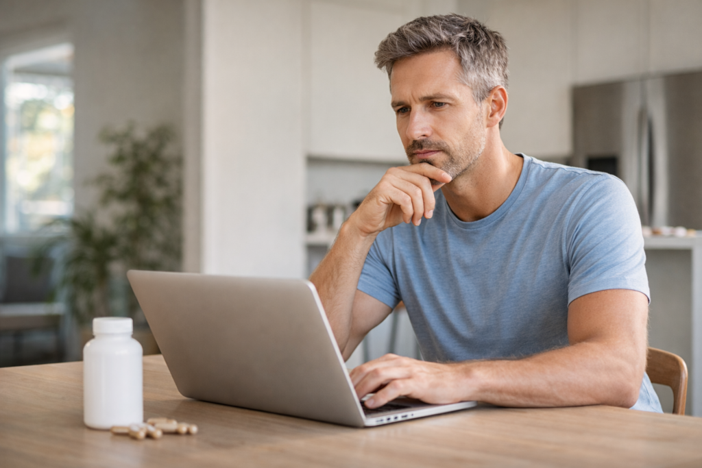 man researching dietary supplement effectiveness on laptop