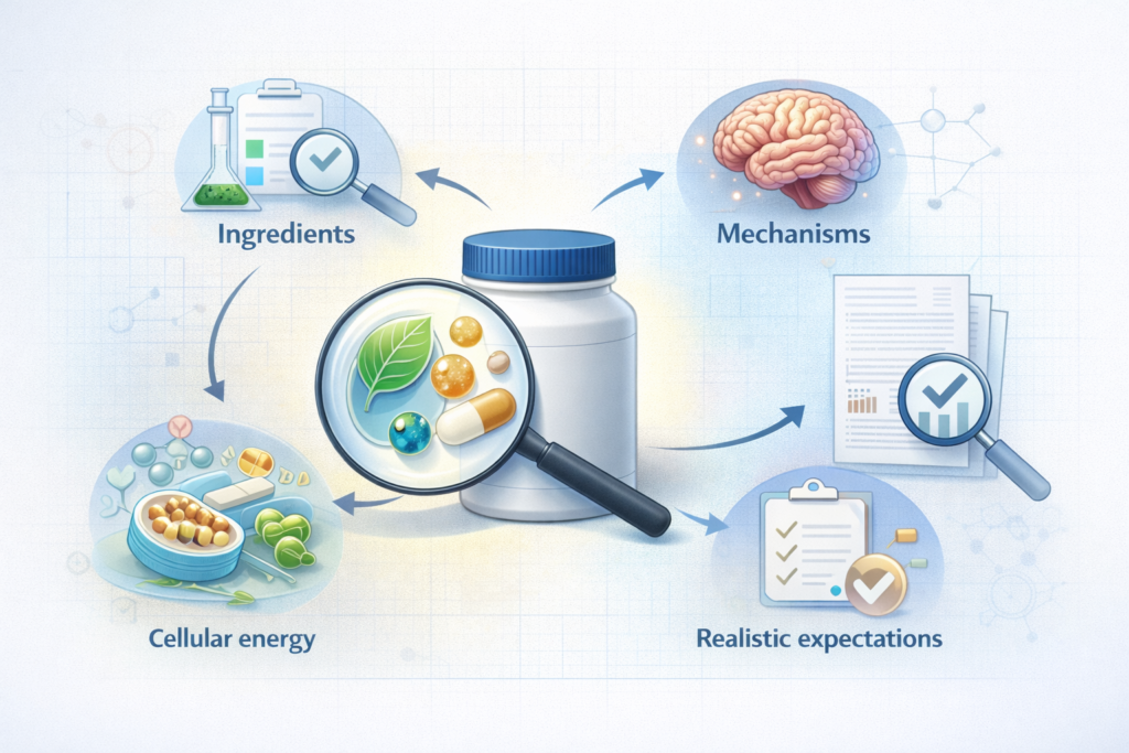 educational illustration showing evaluation of cognitive supplement claims and scientific evidence related to brain support supplements