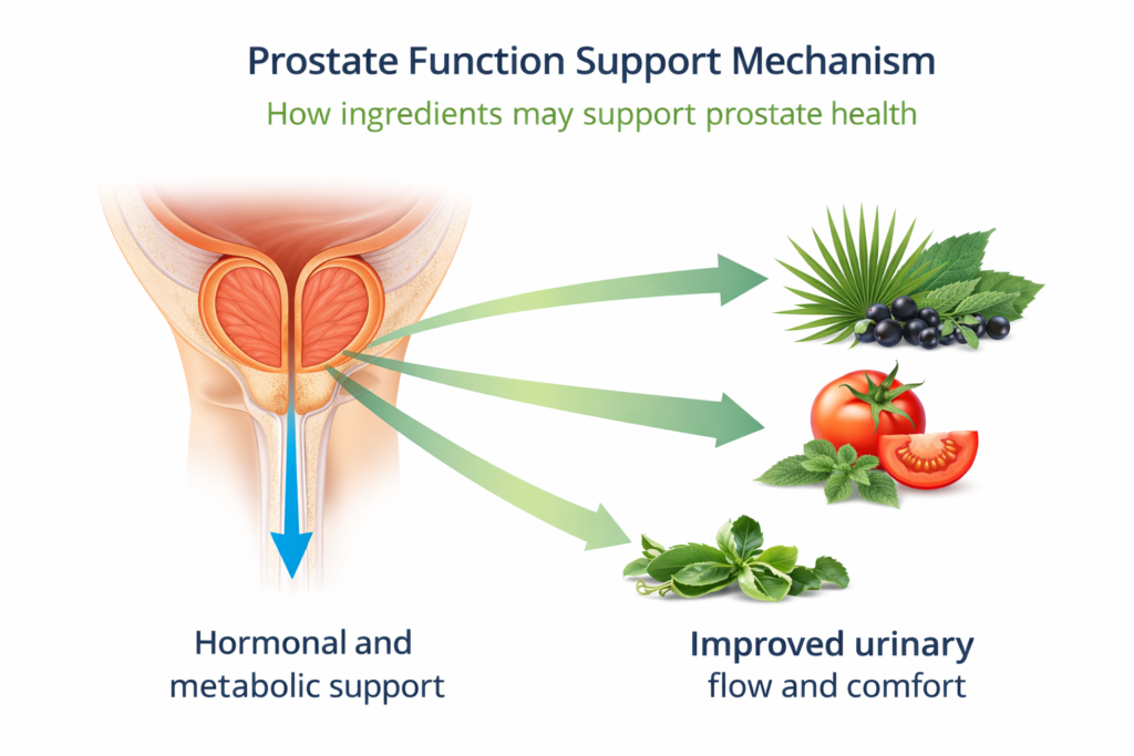 diagram showing how prostate support supplements help urinary flow and prostate function