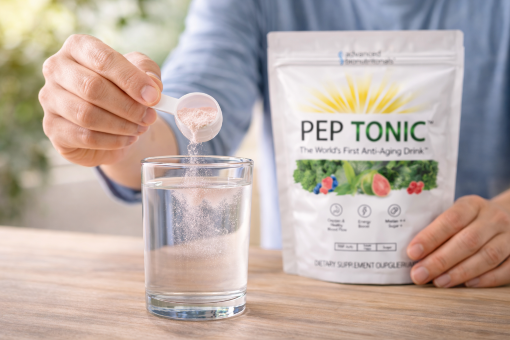 mixing Pep Tonic anti aging drink powder with water in a glass