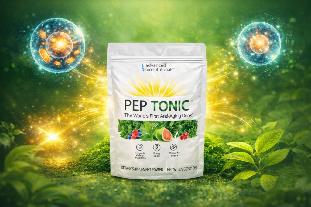 Pep Tonic greens powder showing benefits related to energy, cellular health, antioxidant support and overall vitality