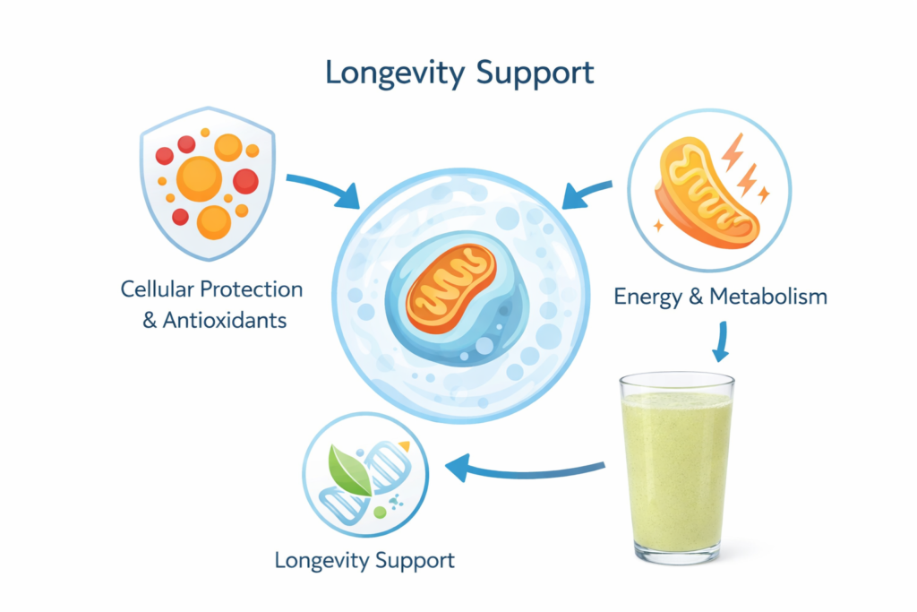 Illustration showing cellular health, antioxidant protection and metabolic support associated with Pep Tonic longevity nutrition formula