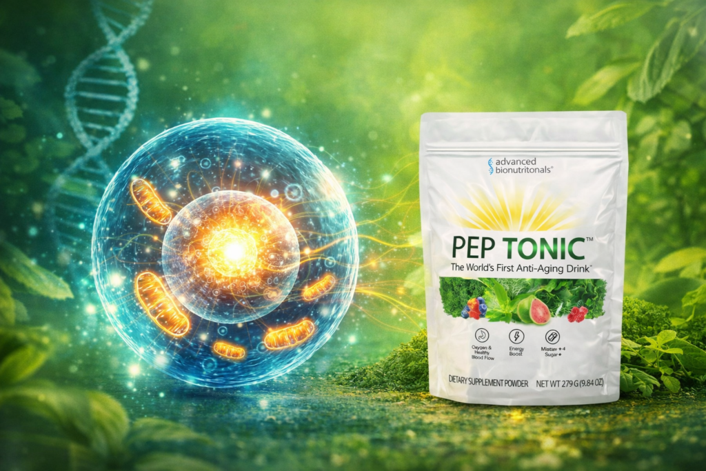 Illustration of cellular health and energy metabolism supported by nutritional compounds in a greens supplement