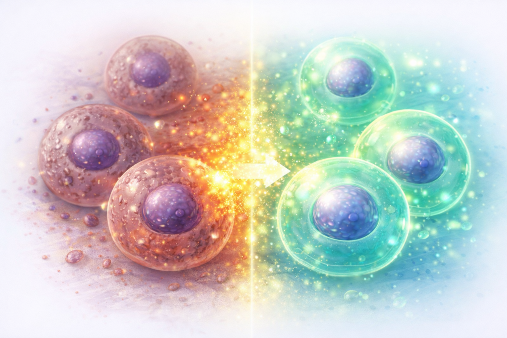 Cellular renewal illustration showing damaged cells transforming into healthy cells