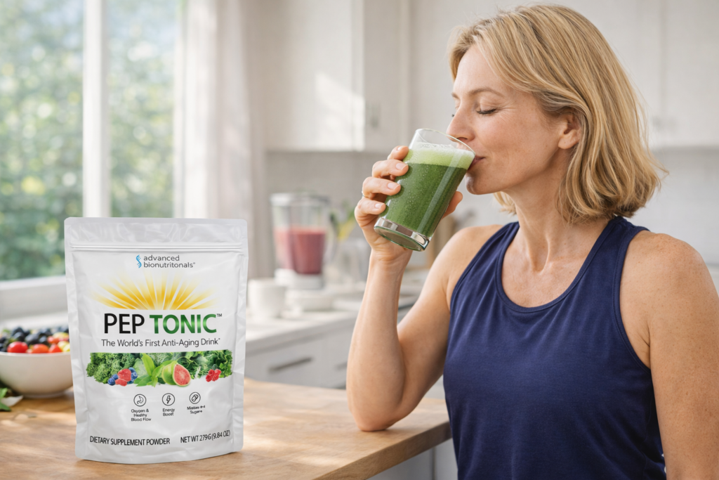 person drinking Pep Tonic daily greens drink as part of morning wellness routine