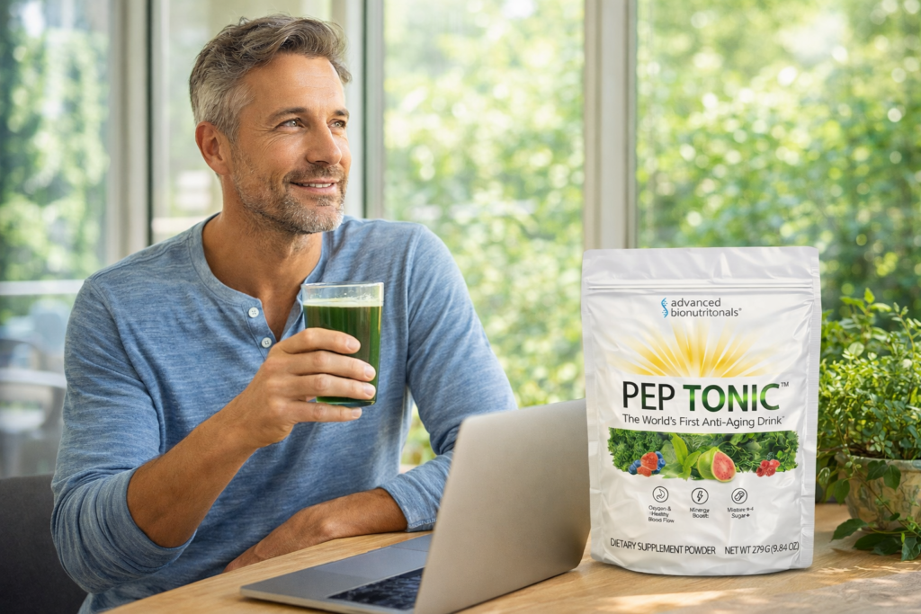 Person drinking a greens supplement for daily energy and wellness with Pep Tonic product on table