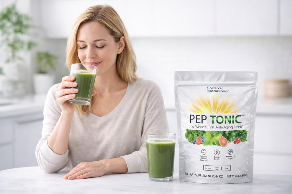 person drinking Pep Tonic greens supplement in a healthy daily wellness routine with prepared green drink