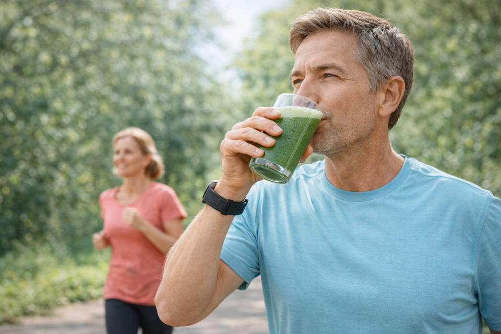 active adult lifestyle energy vitality supported by daily greens supplement routine