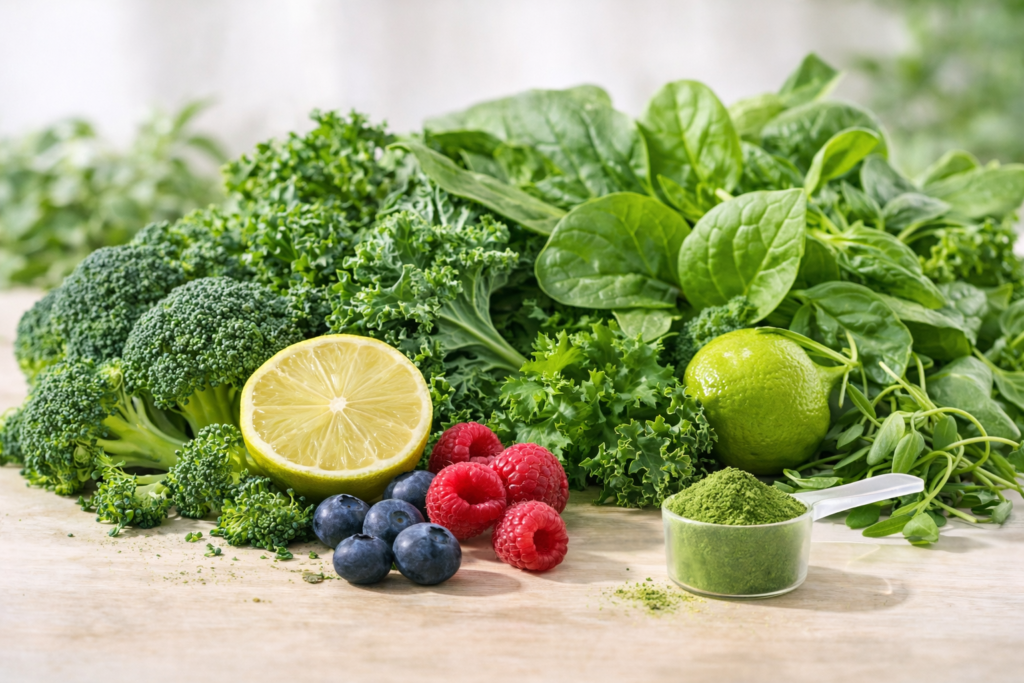 Fresh greens and superfoods representing plant-based nutrients used in Pep Tonic formula