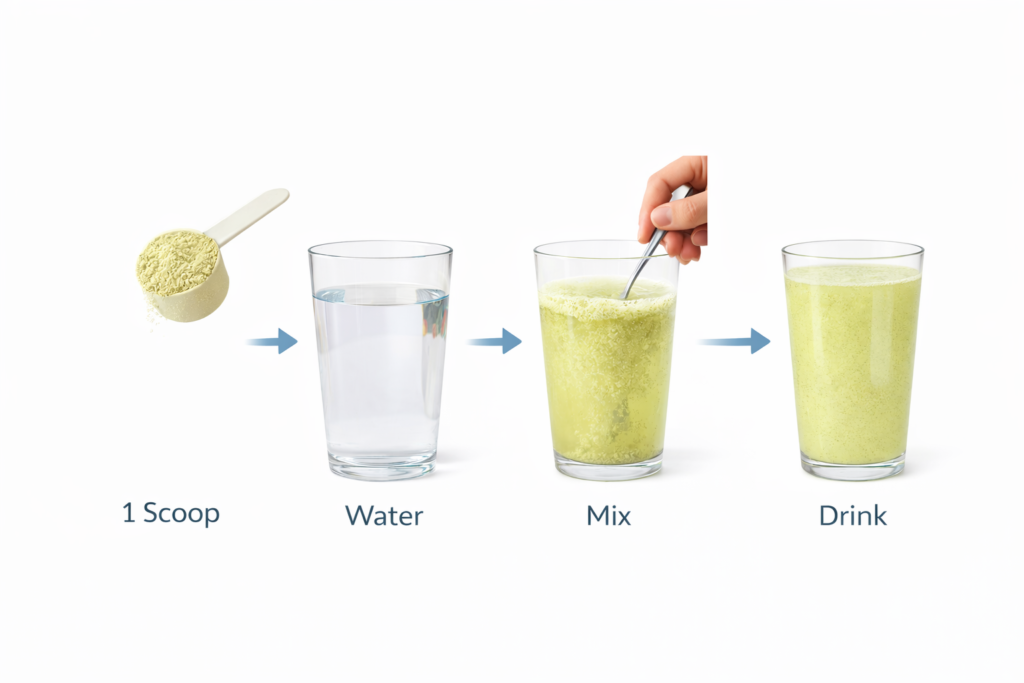 Step by step preparation of Pep Tonic drink powder showing scoop, water, mixing process and prepared nutritional drink