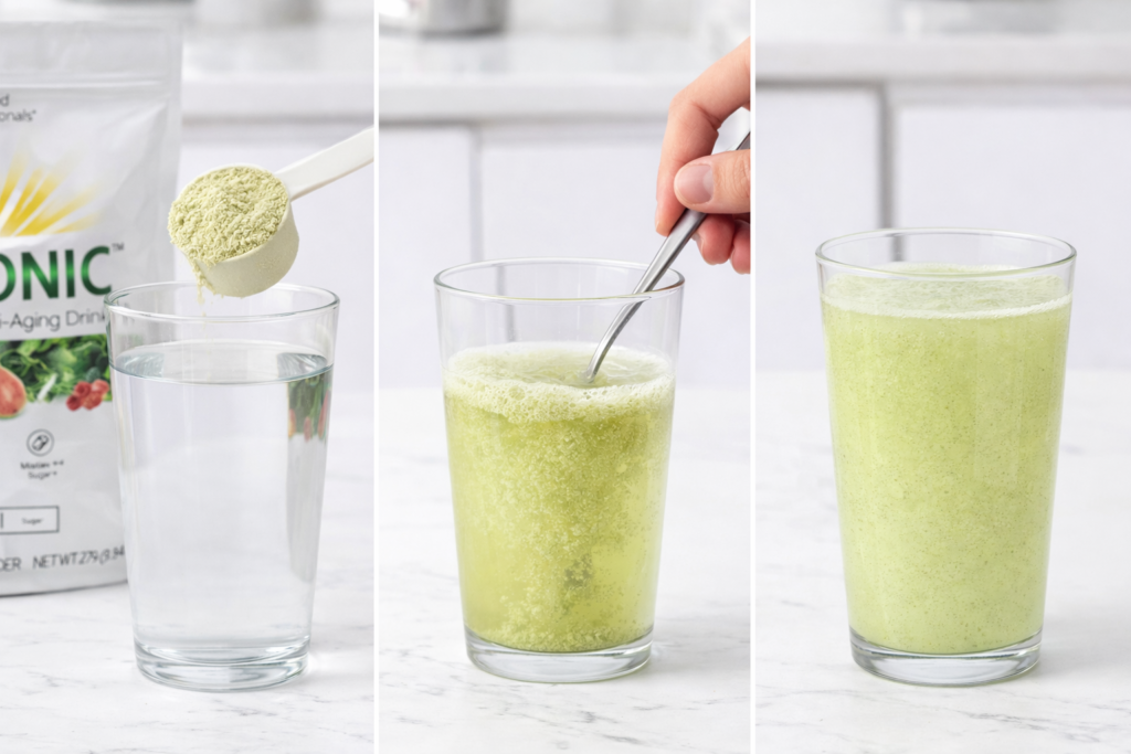 Step by step preparation of Pep Tonic powdered supplement mixed with water to create a green nutritional drink