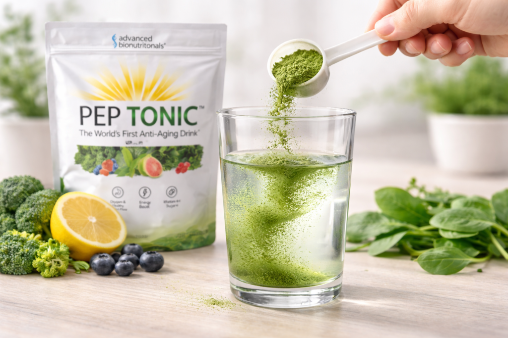 Pep Tonic preparation showing greens powder being mixed into water in a glass
