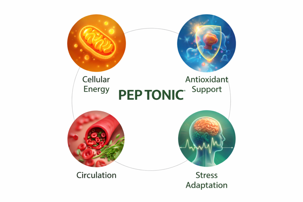 Pep Tonic ingredient categories diagram showing cellular energy, antioxidant support, circulation, and stress adaptation in a longevity-focused formula