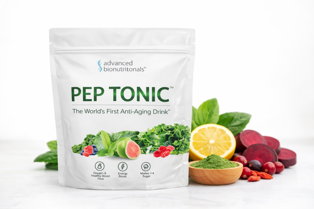 Pep Tonic ingredients with natural plant-based components including greens, fruits, and antioxidant-rich compounds supporting cellular health and longevity
