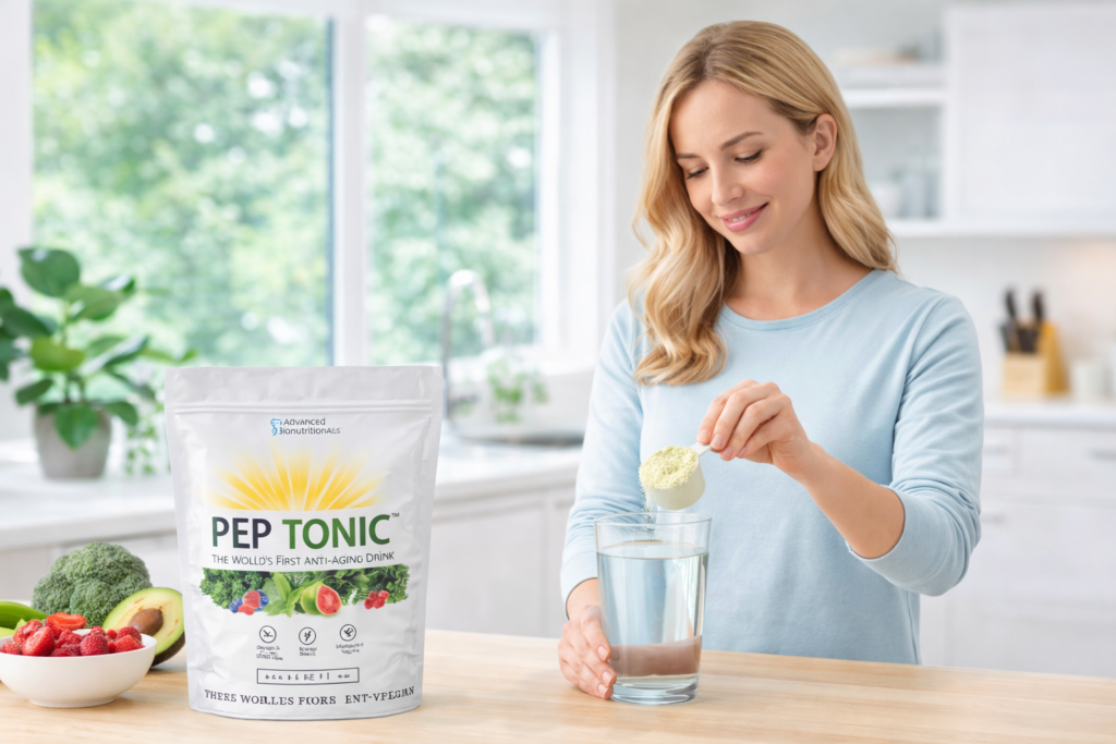 Person preparing a plant based nutritional drink as part of a healthy longevity focused wellness routine