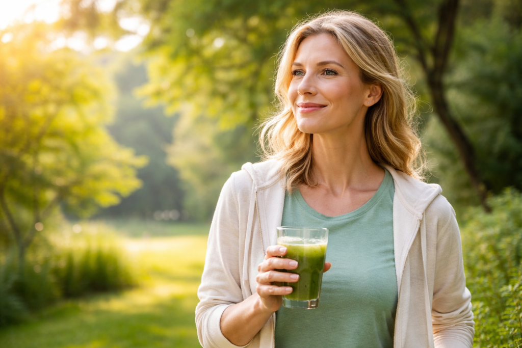 Healthy adult enjoying natural energy and focus in a calm outdoor environment