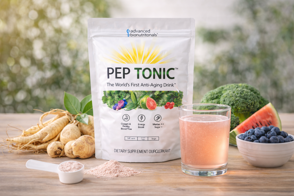 Pep Tonic anti aging drink powder with natural ingredients and prepared drink