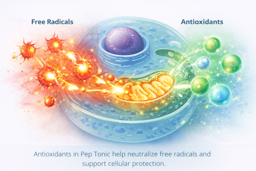 Oxidative stress illustration showing free radicals and antioxidants protecting cells from damage