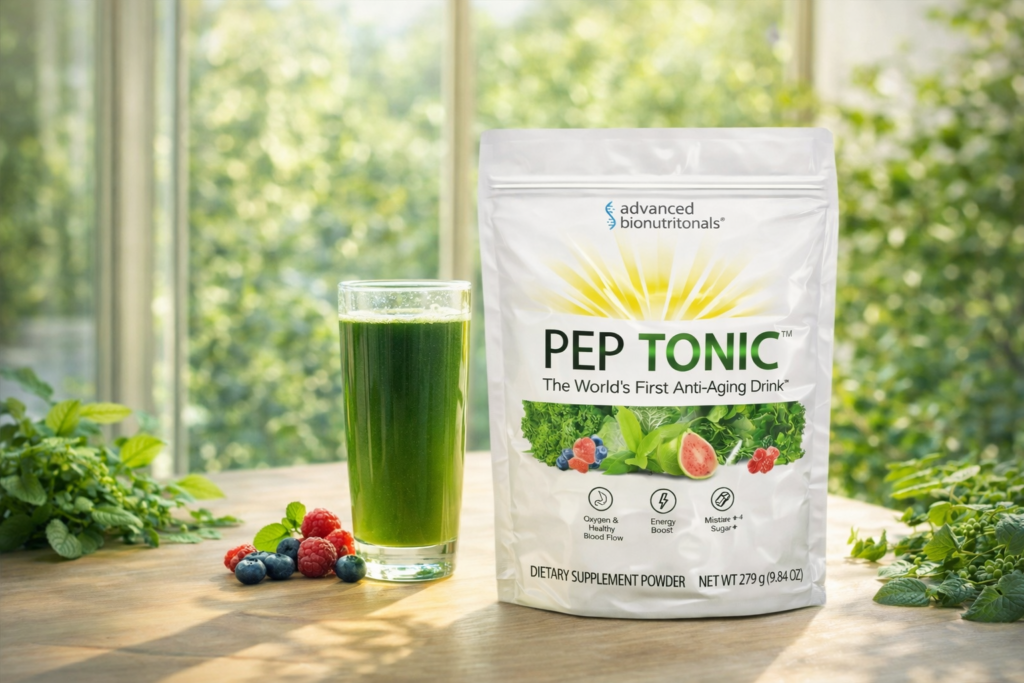 Pep Tonic greens powder with prepared drink on table representing daily wellness and product evaluation