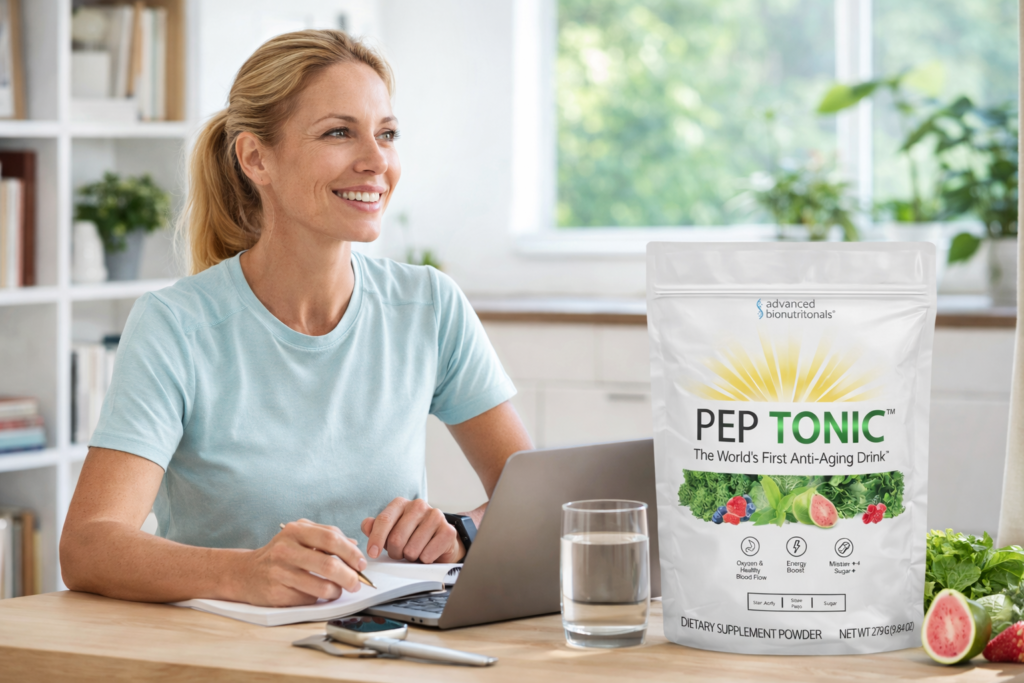 woman using Pep Tonic supplement as part of a healthy lifestyle and daily wellness routine